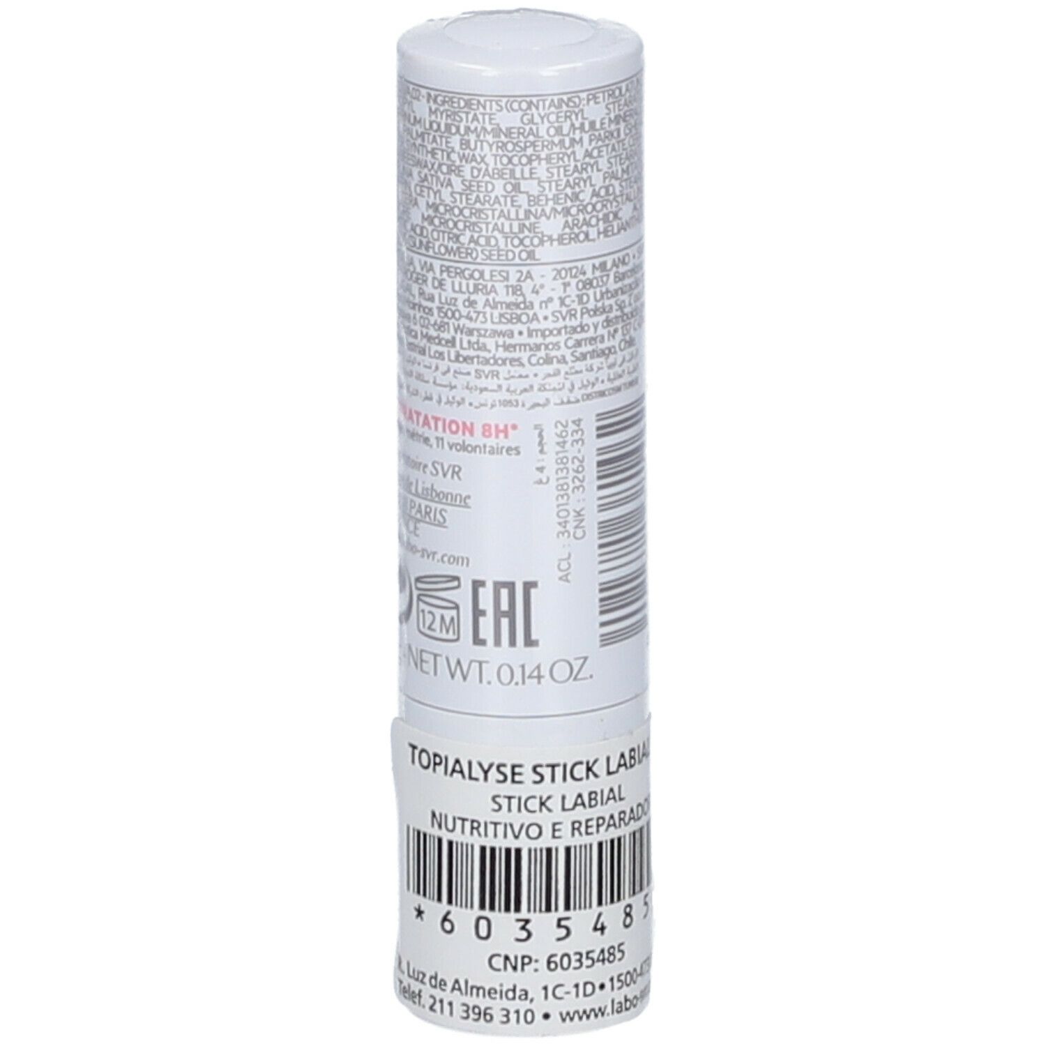 SVR Topialyse Lèvres 4 g. Stick à lèvres blanc avec texte et code-barres. Dos avec ingrédients et informations du fabricant.