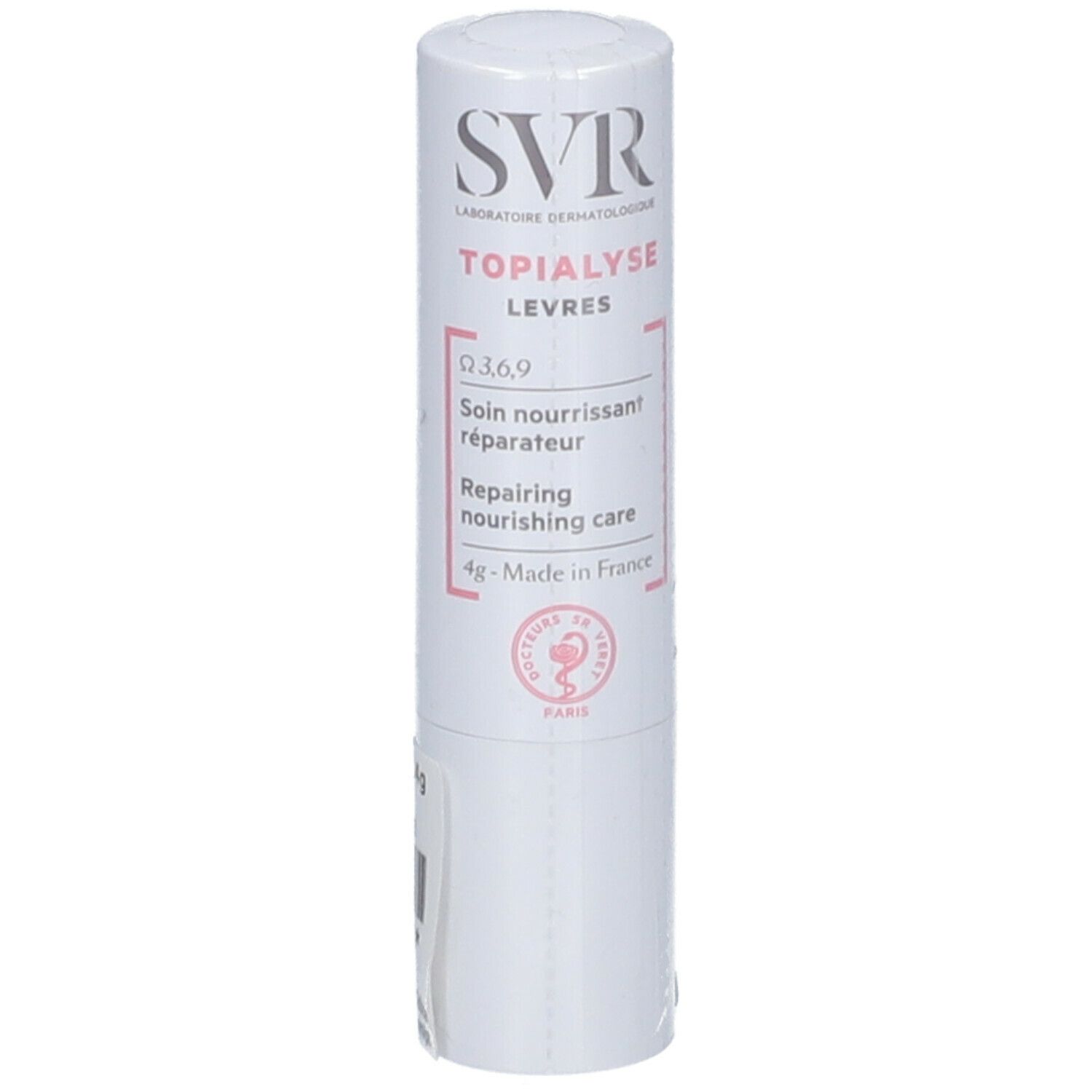 SVR Topialyse Lèvres 4 g. Stick à lèvres blanc avec texte et code-barres. Face avant avec nom du produit et logo.