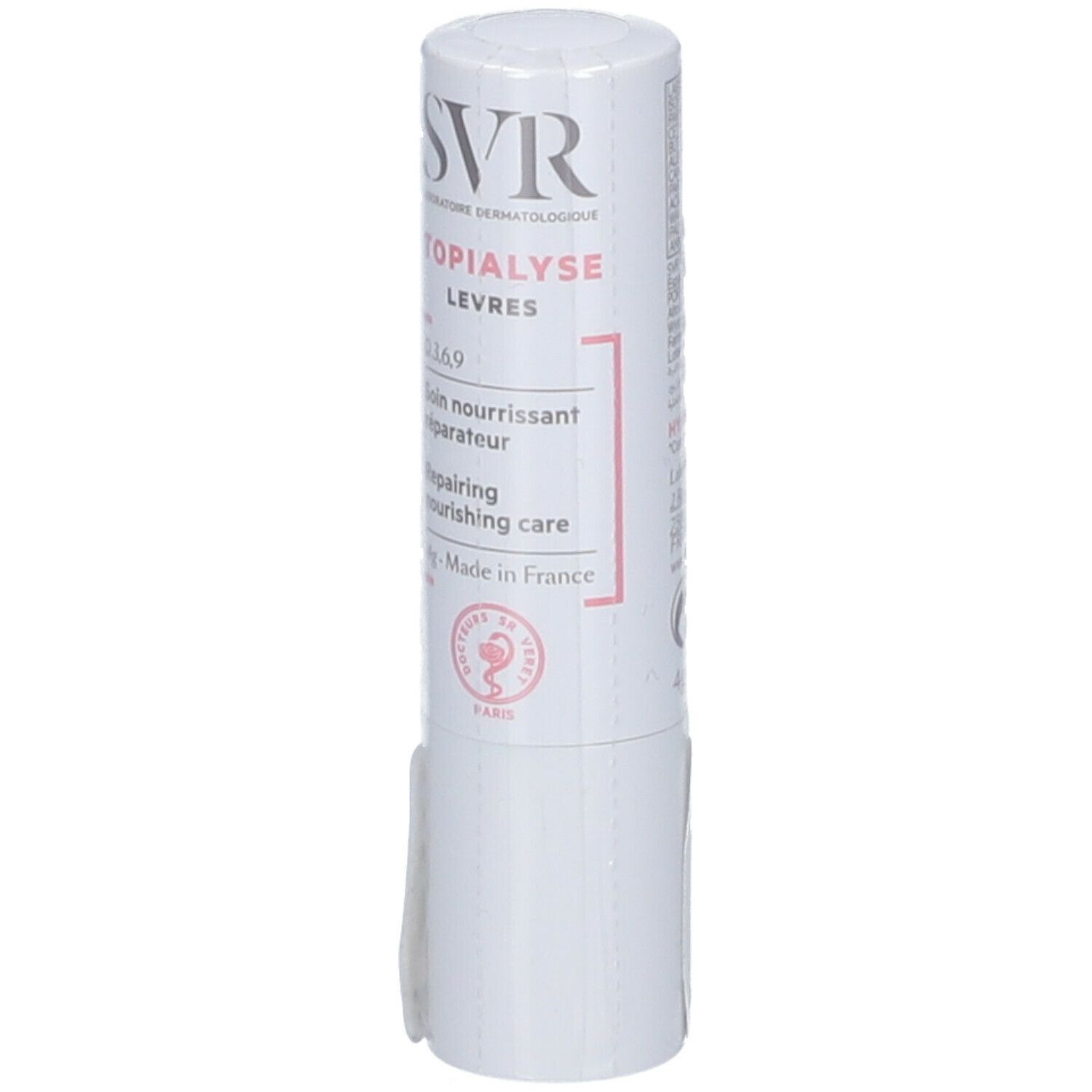 SVR Topialyse Lèvres 4 g. Stick à lèvres blanc avec texte et code-barres. Face avant avec nom du produit et logo.