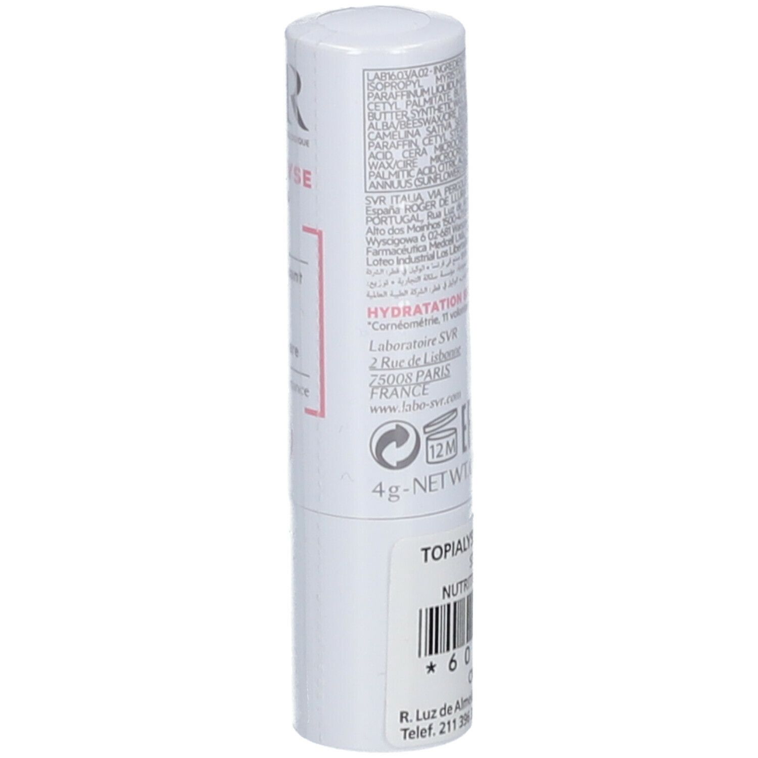 SVR Topialyse Lèvres 4 g. Stick à lèvres blanc avec texte et code-barres. Dos avec ingrédients et informations du fabricant.