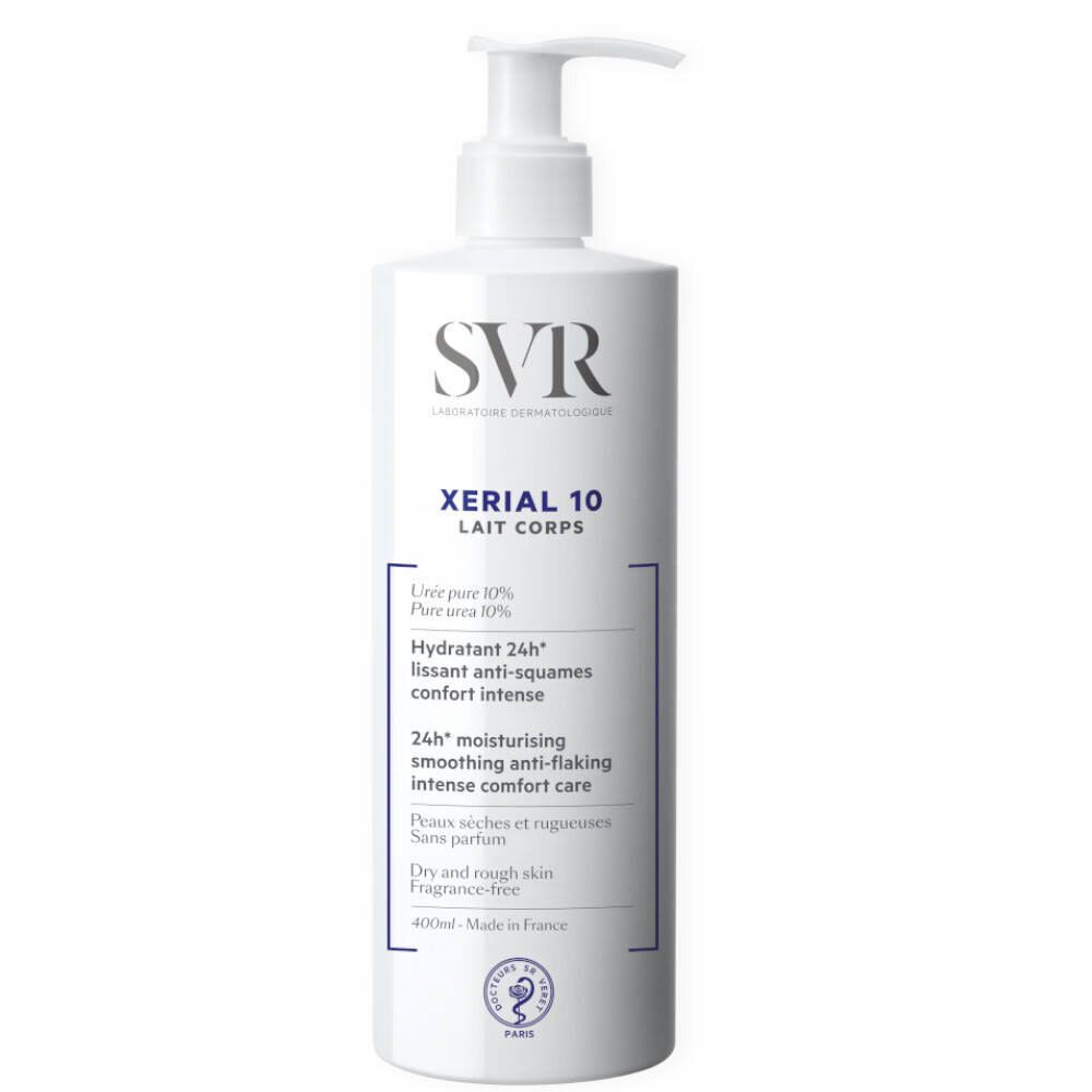 Witte fles met pomp. Opschrift: SVR XERIAL 10 LAIT CORPS. Blauwe tekst. 400ml. Met zegel.