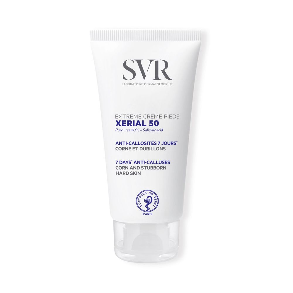 Witte tube SVR XERIAL 50. Tekst: Extreme Crème Pieds. Logo en productinfo. Dop onderaan.