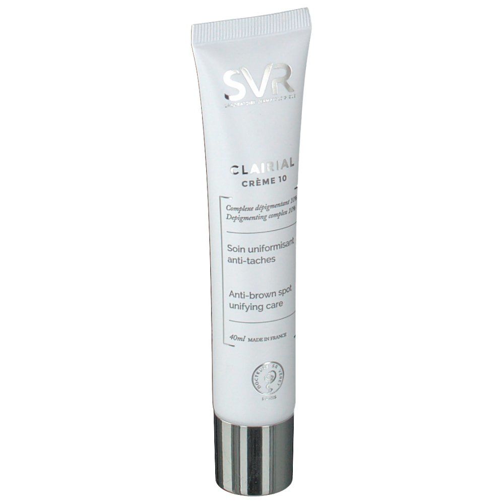 Tube blanc avec bouchon argenté. Inscriptions: SVR, CLAIRIAL CREME 10, soin anti-taches. Avec label de qualité français.