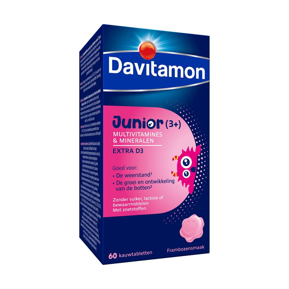 Witte fles met gele dop. Davitamon Junior, frambozensmaak. 60 tabletten.