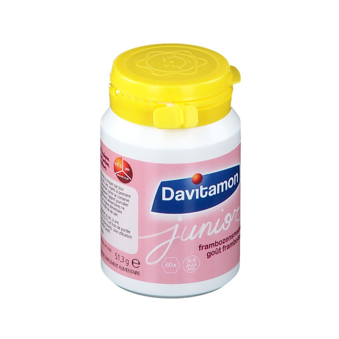 Flacon blanc, bouchon jaune. Davitamon Junior, goût framboise. 60 comprimés.
