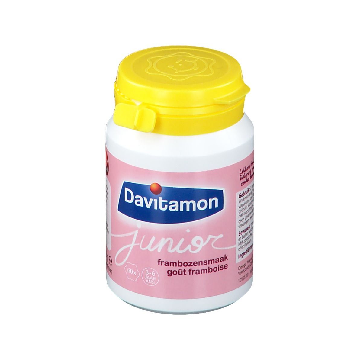 Flacon blanc, bouchon jaune. Davitamon Junior, goût framboise. 60 comprimés.