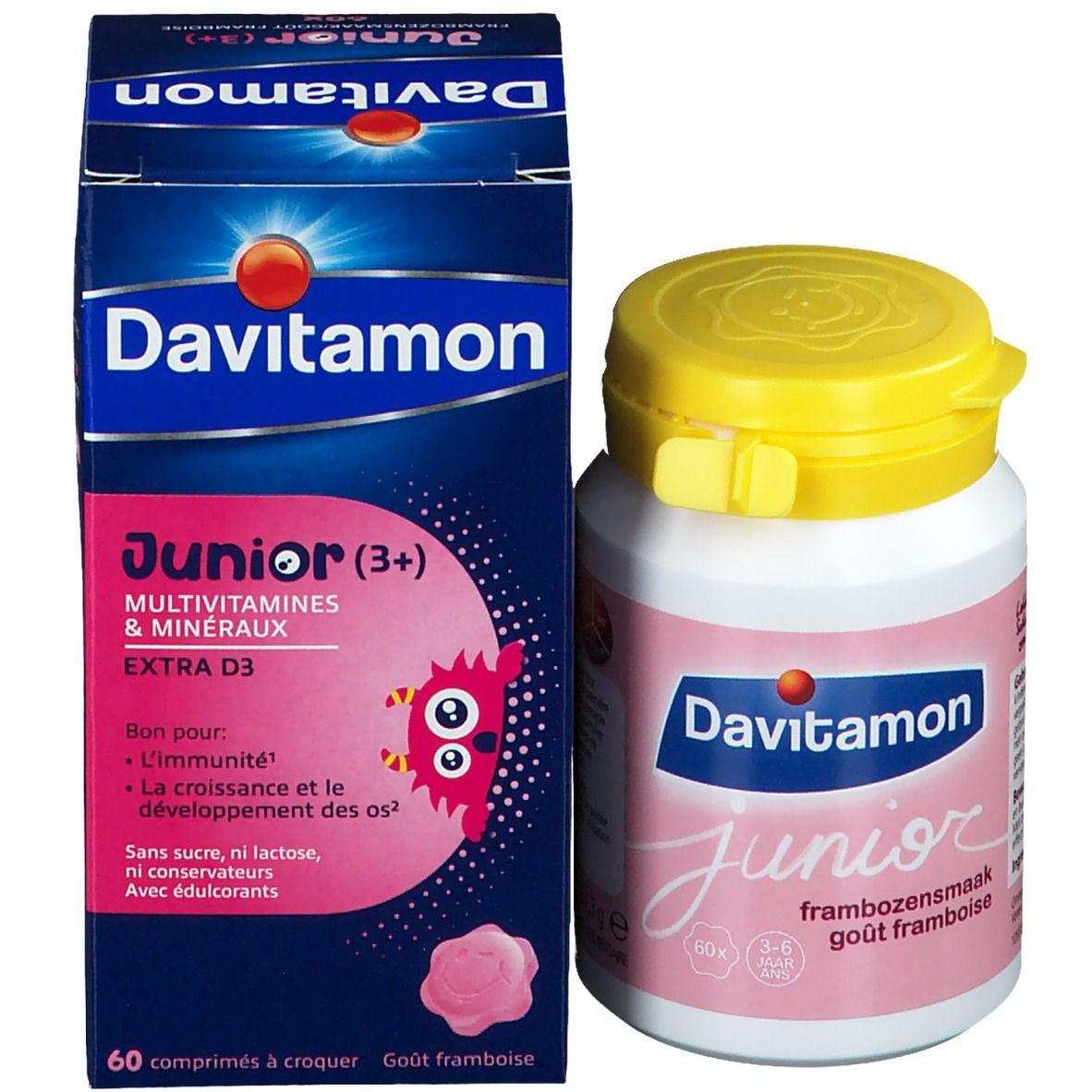 Boîte et flacon Davitamon Junior. Junior (3+), multivitamines & minéraux, Extra D3. 60 comprimés.