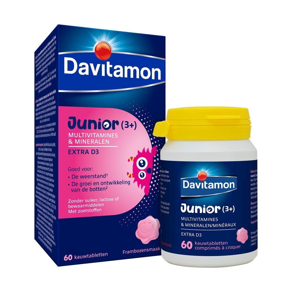 Witte fles met gele dop. Davitamon Junior, frambozensmaak. 60 tabletten.