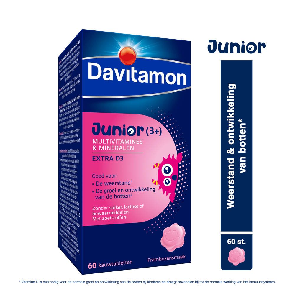 Witte fles met gele dop. Davitamon Junior, frambozensmaak. 60 tabletten.