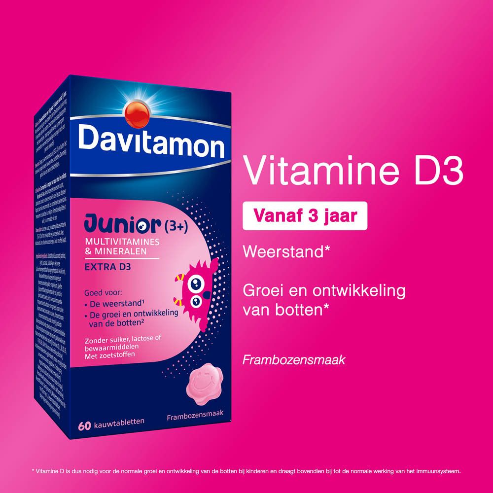 Davitamon Junior verpakking en fles. Junior (3+), Multivitaminen & Mineralen, Extra D3. 60 tabletten.