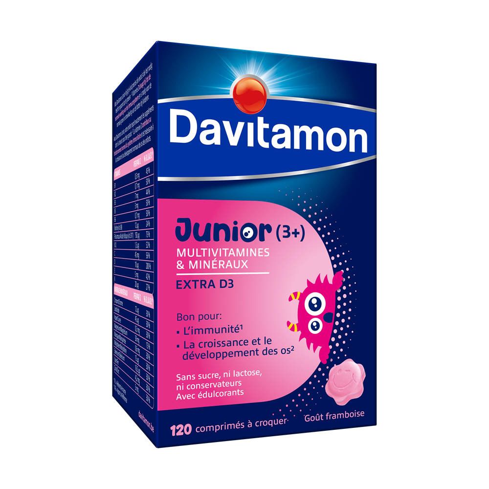 Boîte Davitamon Junior (3+). 120 comprimés à croquer. Goût framboise.