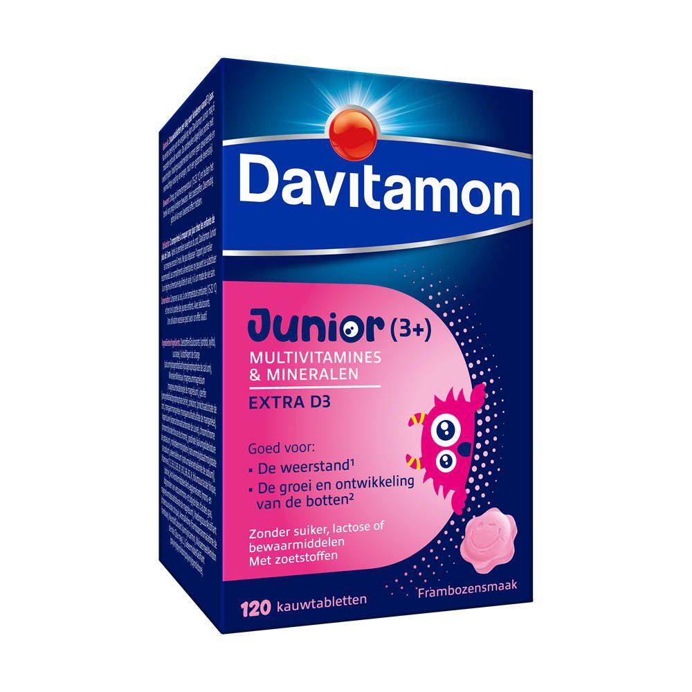 Witte fles, gele dop. Davitamon Junior (3+). 120 kauwtabletten.
