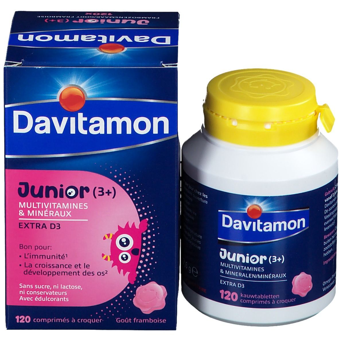 Boîte et flacon Davitamon Junior (3+). 120 comprimés à croquer. Goût framboise.