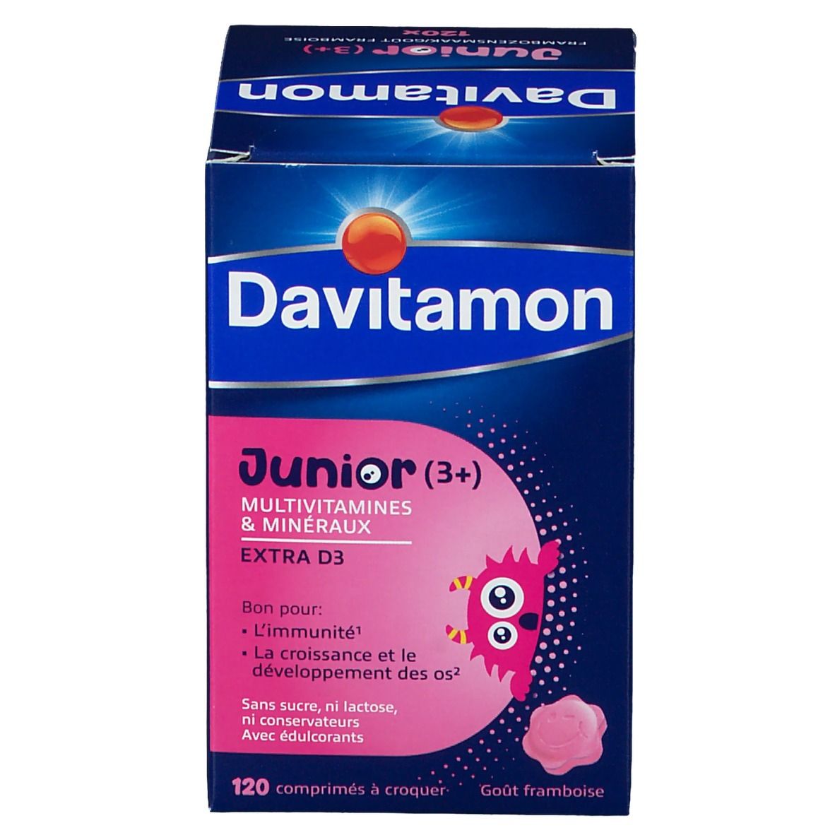 Boîte Davitamon Junior (3+). 120 comprimés à croquer. Goût framboise.