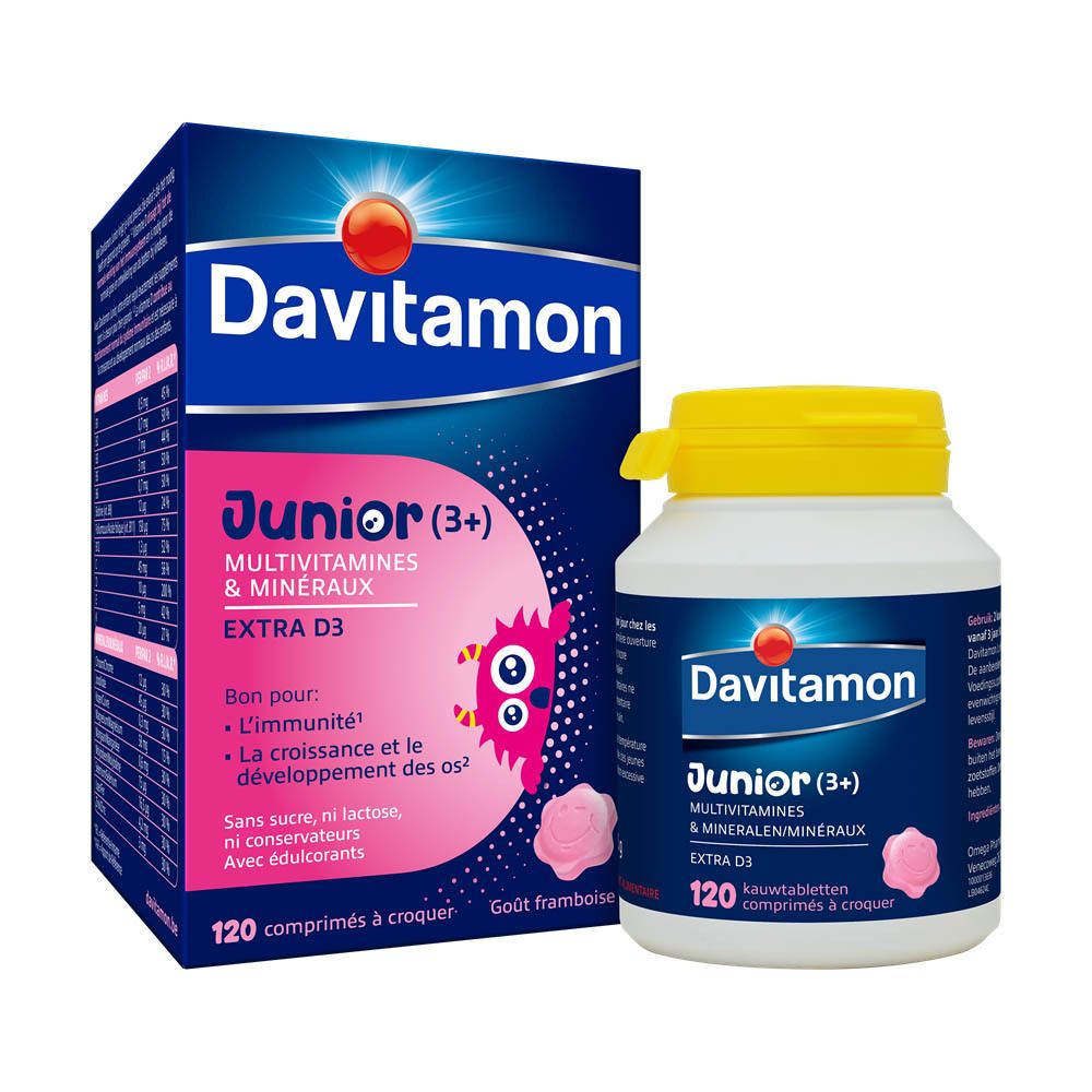 Boîte Davitamon Junior (3+). 120 comprimés à croquer. Goût framboise.