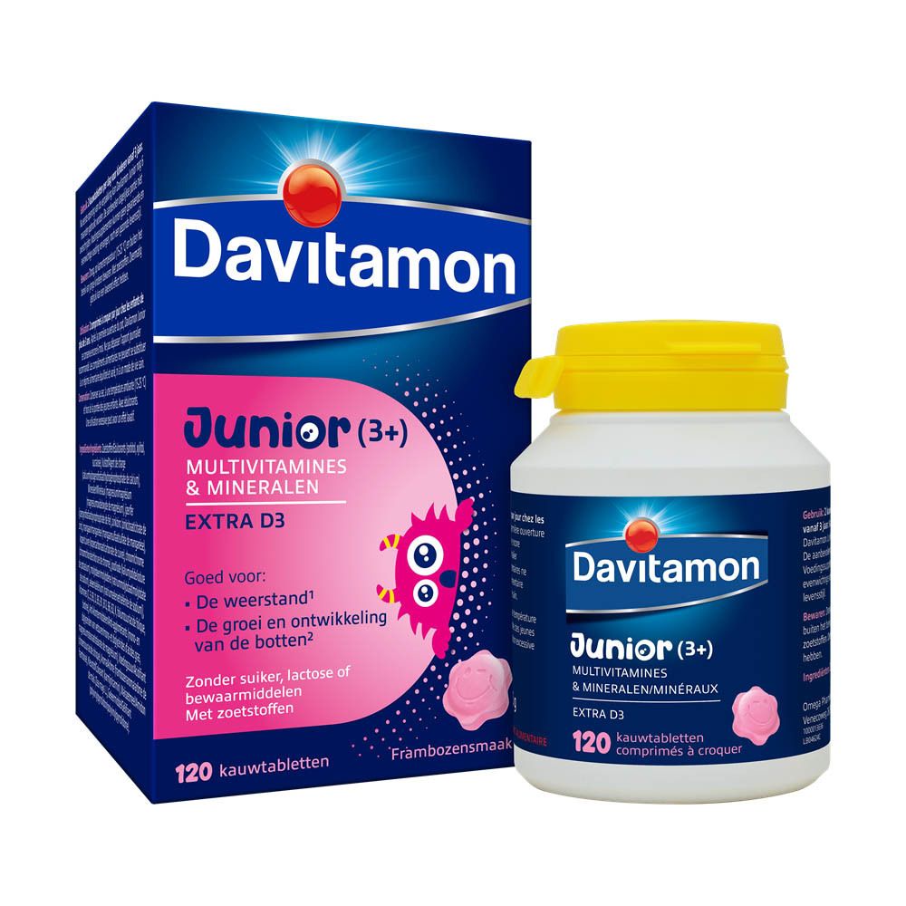 Davitamon Junior (3+) verpakking en fles. 120 kauwtabletten. Frambozensmaak.