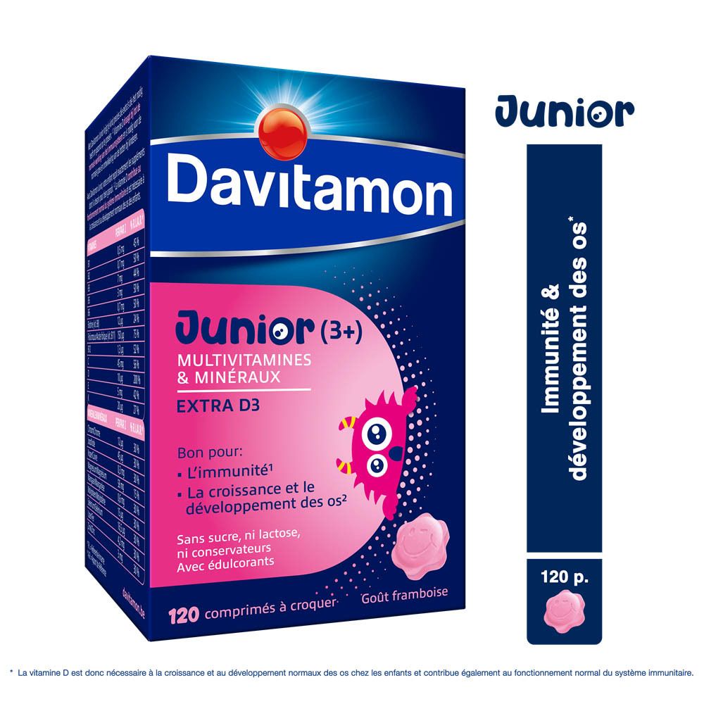 Boîte Davitamon Junior (3+). 120 comprimés à croquer. Goût framboise.