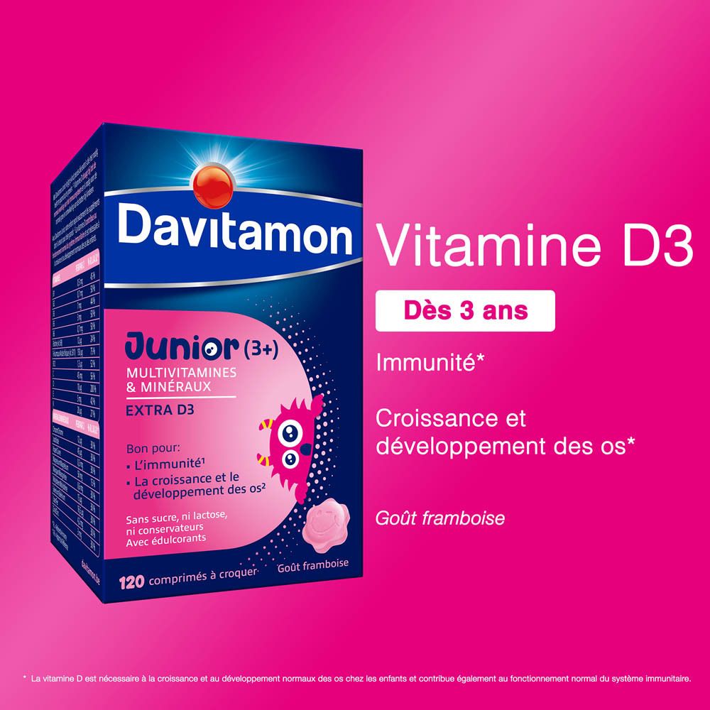 Boîte et flacon Davitamon Junior (3+). 120 comprimés à croquer. Goût framboise.