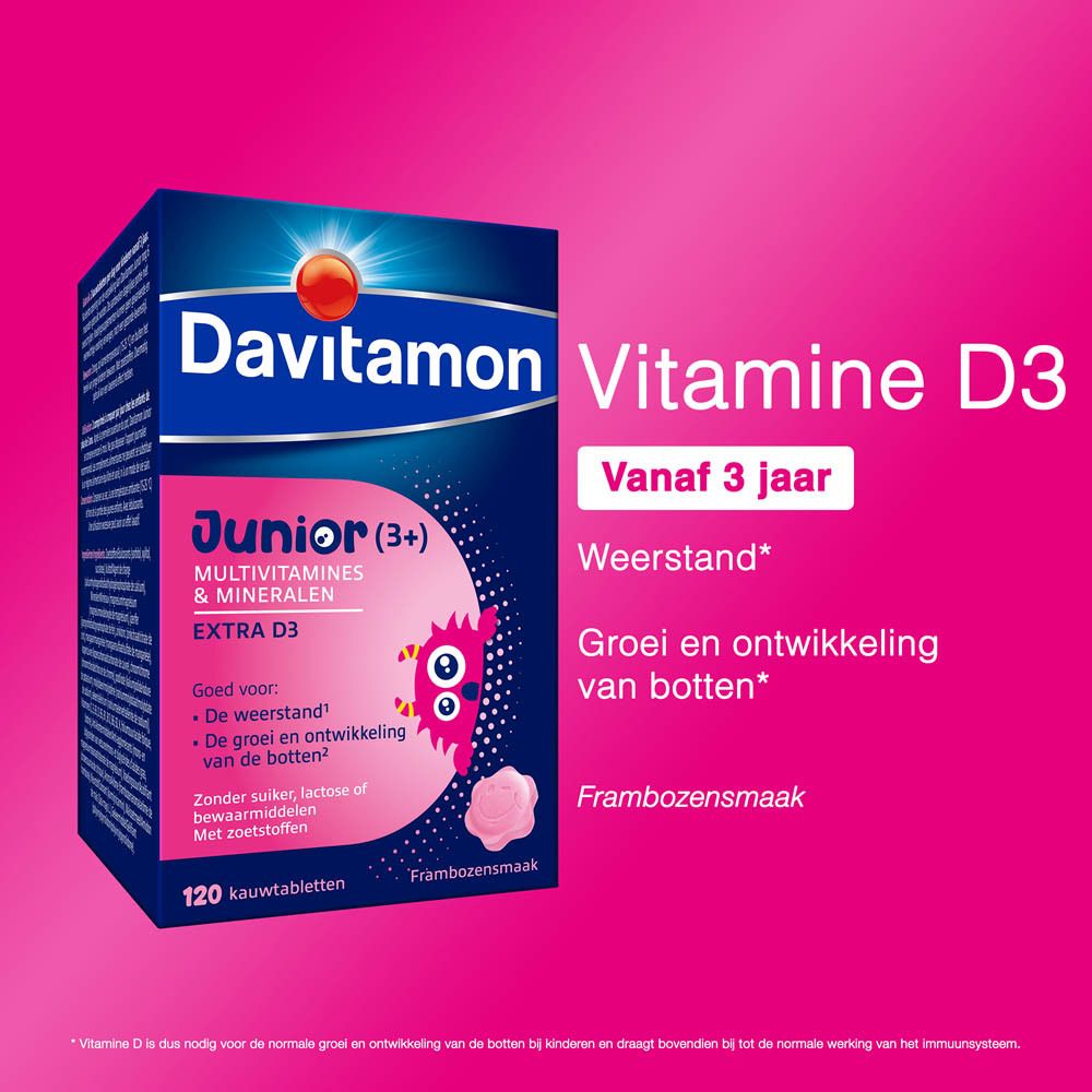 Davitamon Junior (3+) verpakking en fles. 120 kauwtabletten. Frambozensmaak.