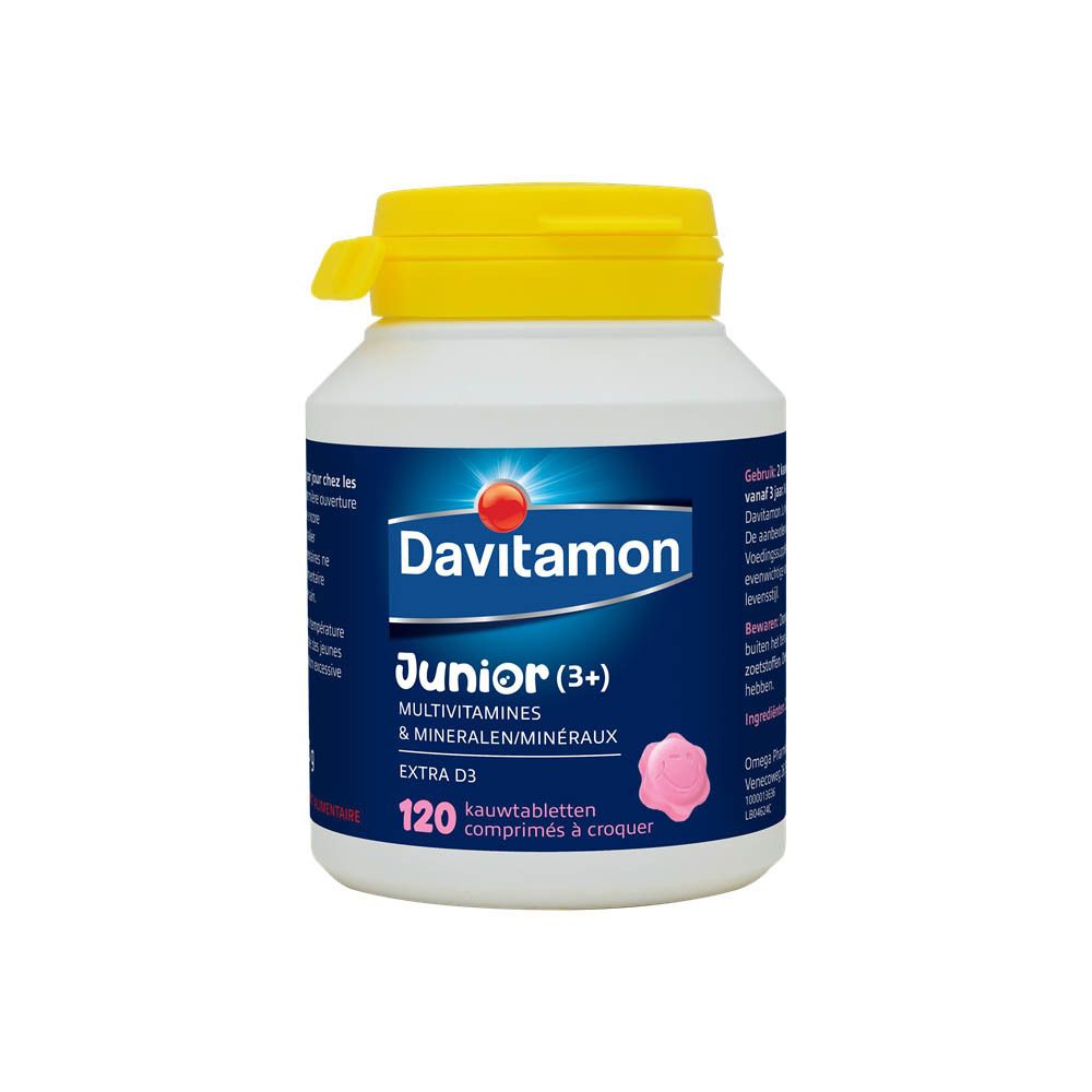 Witte fles, gele dop. Davitamon Junior (3+). 120 kauwtabletten.