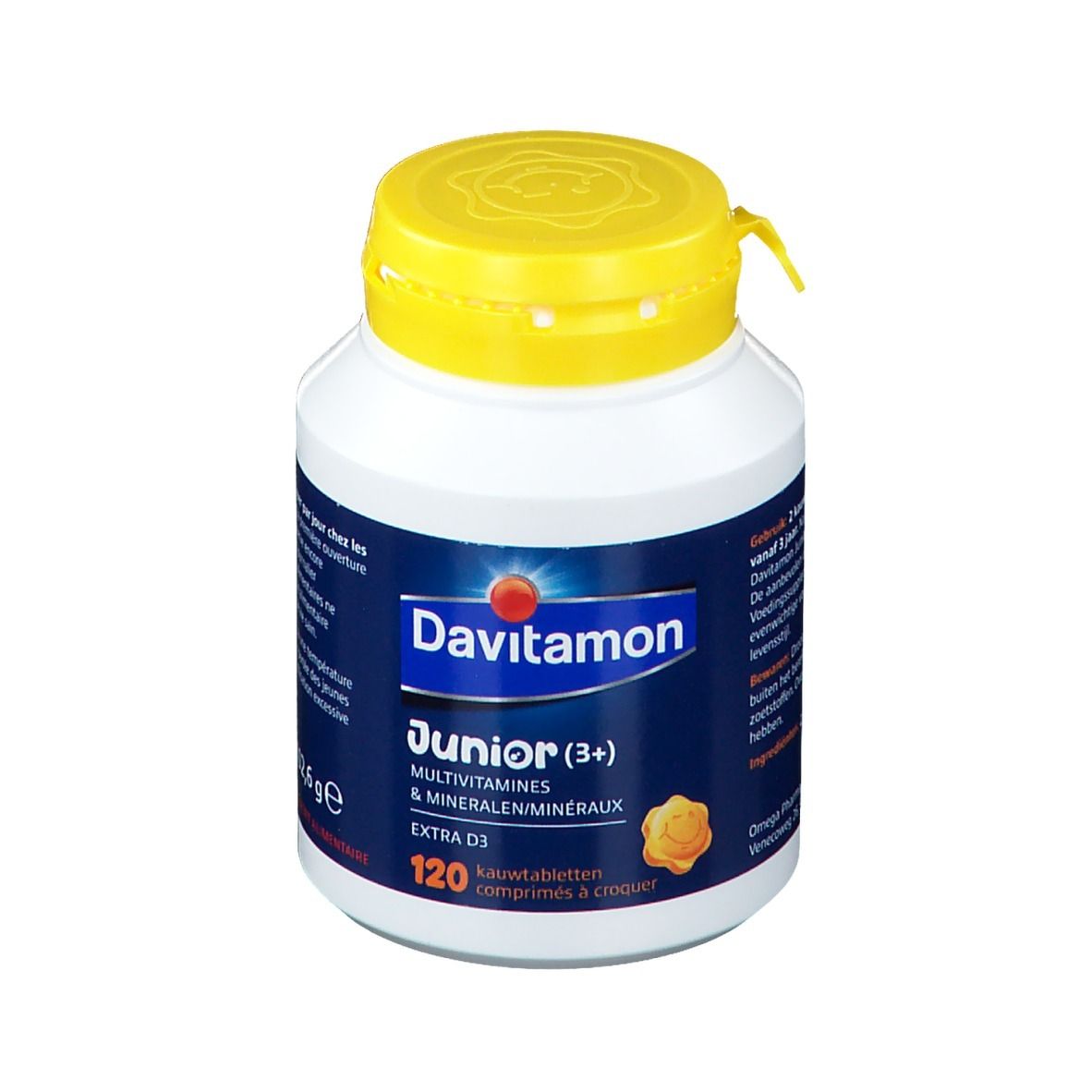 Witte fles met gele dop. Bevat Davitamon Junior, multivitamines & mineralen, Extra D3. 120 kauwtabletten.