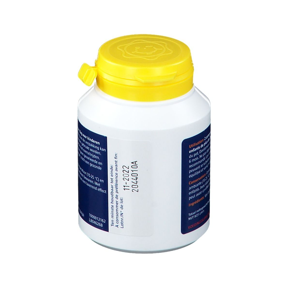 Achterkant witte fles. Bevat informatie over de houdbaarheidsdatum.