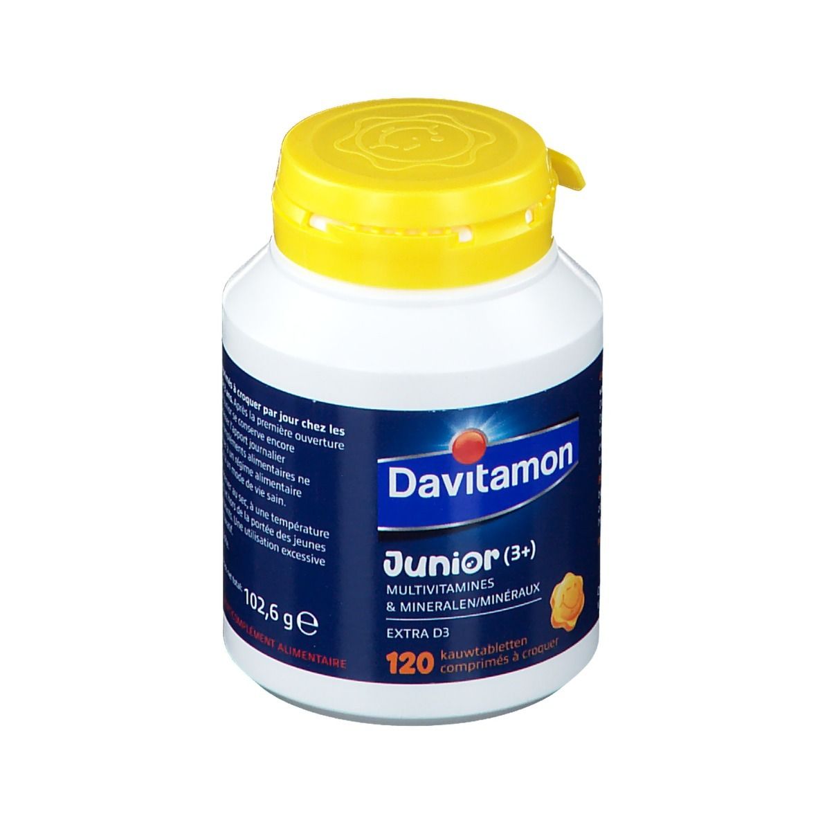 Witte fles met gele dop. Bevat Davitamon Junior, multivitamines & mineralen, Extra D3. 120 kauwtabletten.