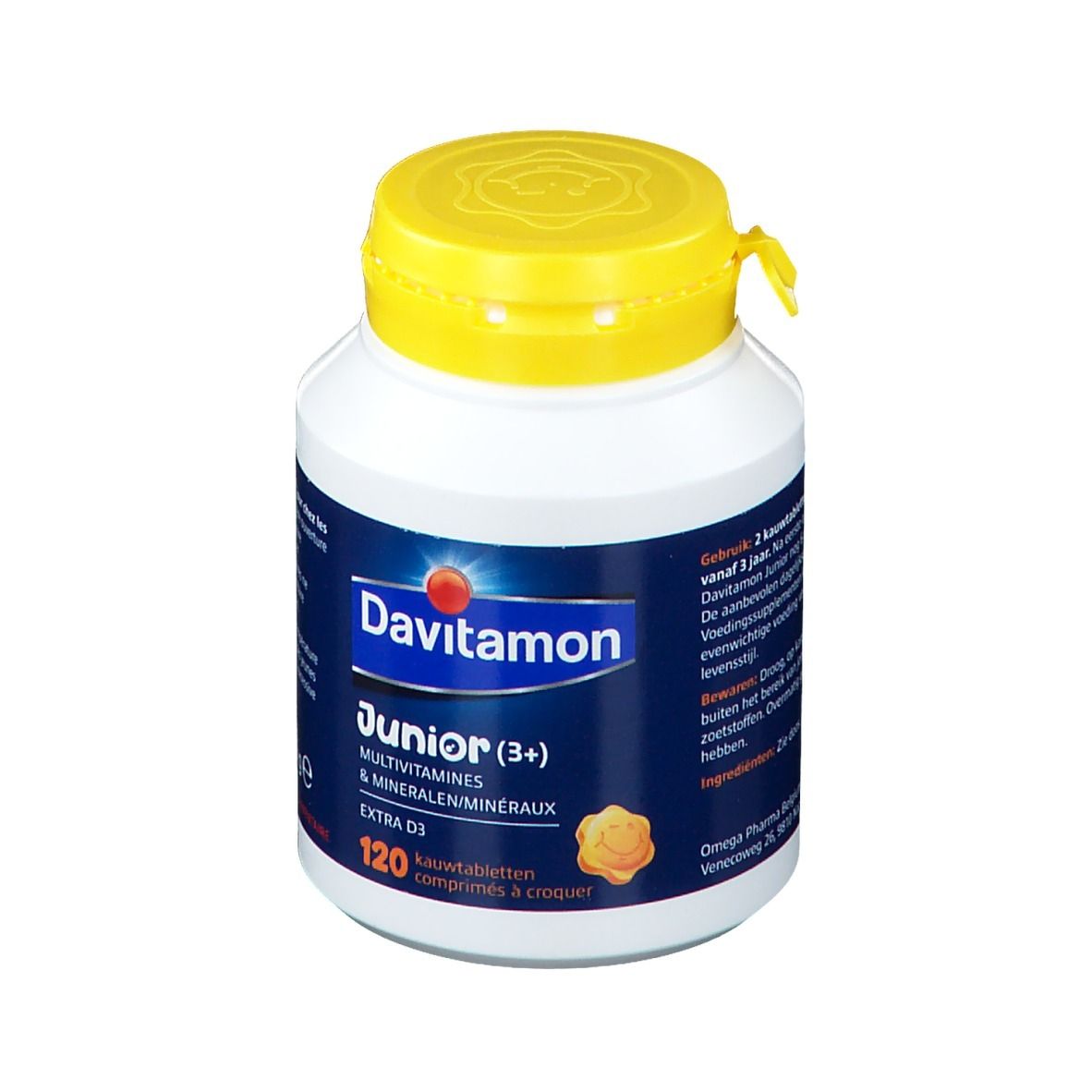 Witte fles met gele dop. Bevat Davitamon Junior, multivitamines & mineralen, Extra D3. 120 kauwtabletten.