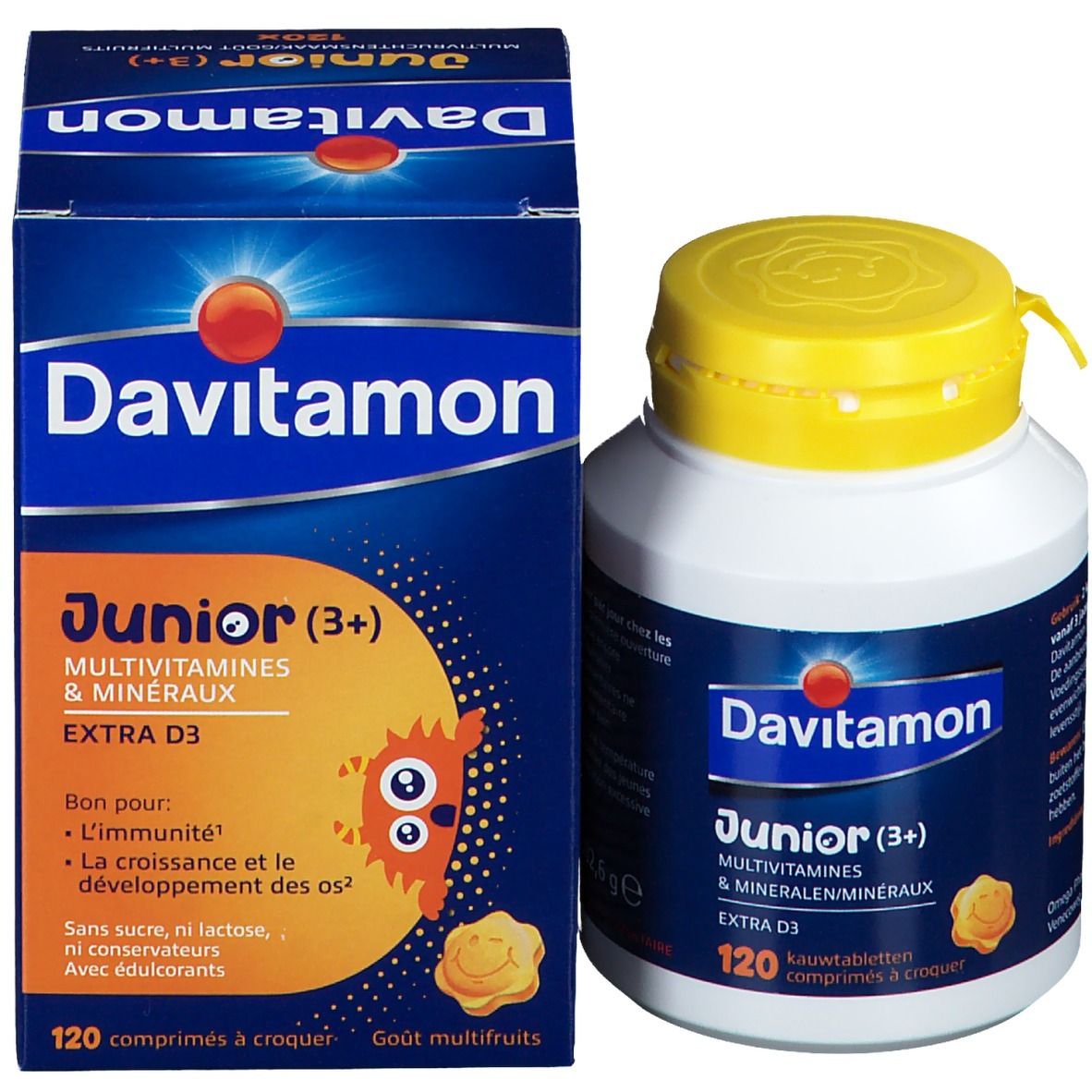 Davitamon Junior verpakking en fles. Bevat multivitamines & mineralen, Extra D3. 120 kauwtabletten.