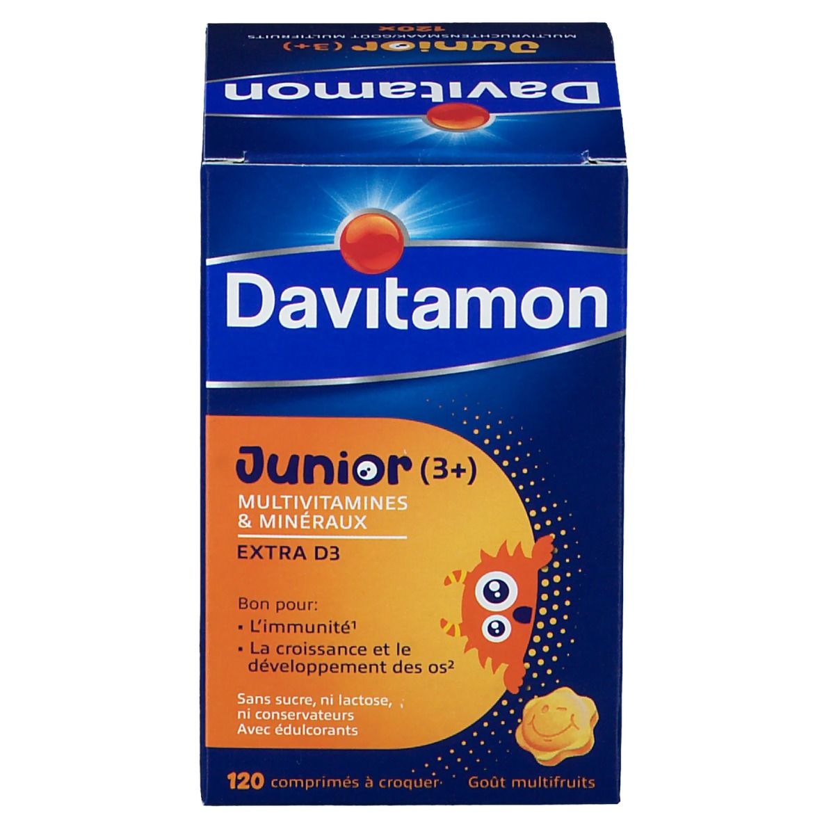 Donkerblauwe doos Davitamon Junior. Bevat multivitamines & mineralen, Extra D3. 120 kauwtabletten. Multifruitsmaak.