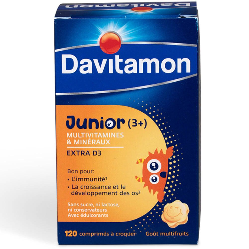 Donkerblauwe doos Davitamon Junior. Bevat multivitamines & mineralen, Extra D3. 120 kauwtabletten. Multifruitsmaak.