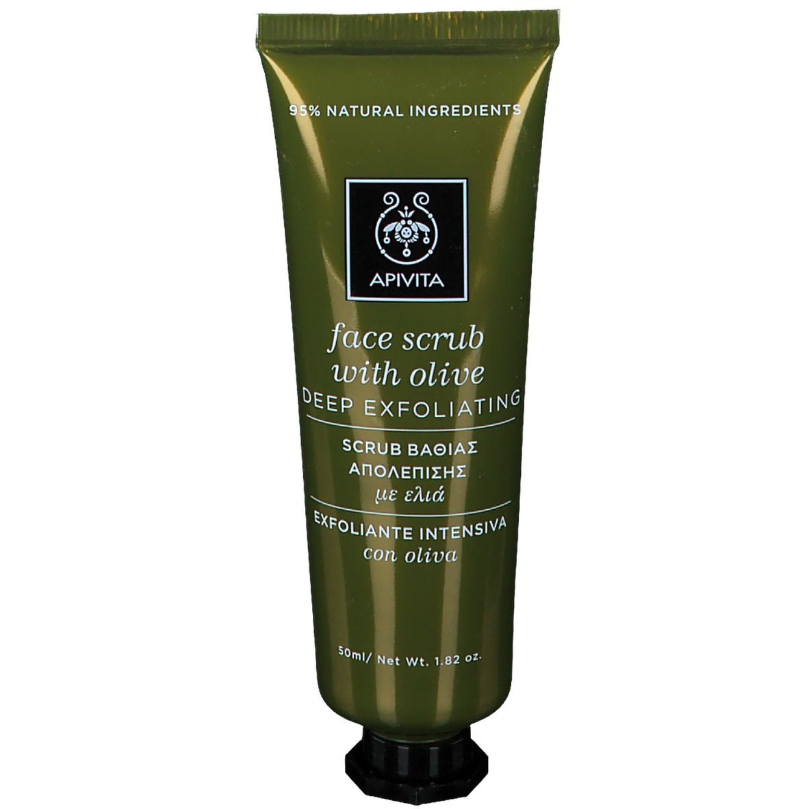 Tube vert avec texte. Inscription : "face scrub with olive", "DEEP EXFOLIATING", "APIVITA".