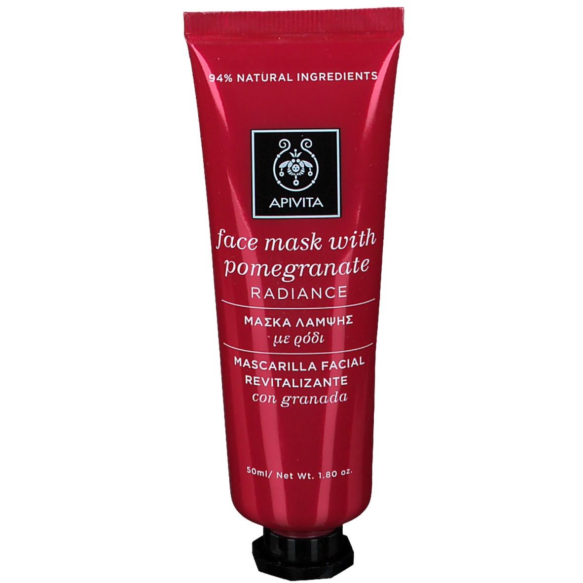 Tube rouge avec texte. Ingrédients naturels à 94%. Texte: Apivita, masque visage à la grenade, éclat. Texte multilingue.