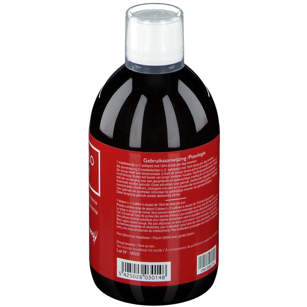 Flacon rond avec étiquette rouge. Texte en néerlandais. Liquide clair. Bouchon blanc.