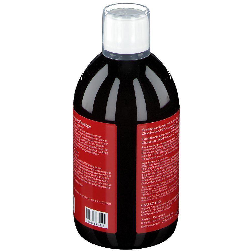 Flacon rond avec étiquette rouge. Texte en néerlandais. Liquide clair. Bouchon blanc.