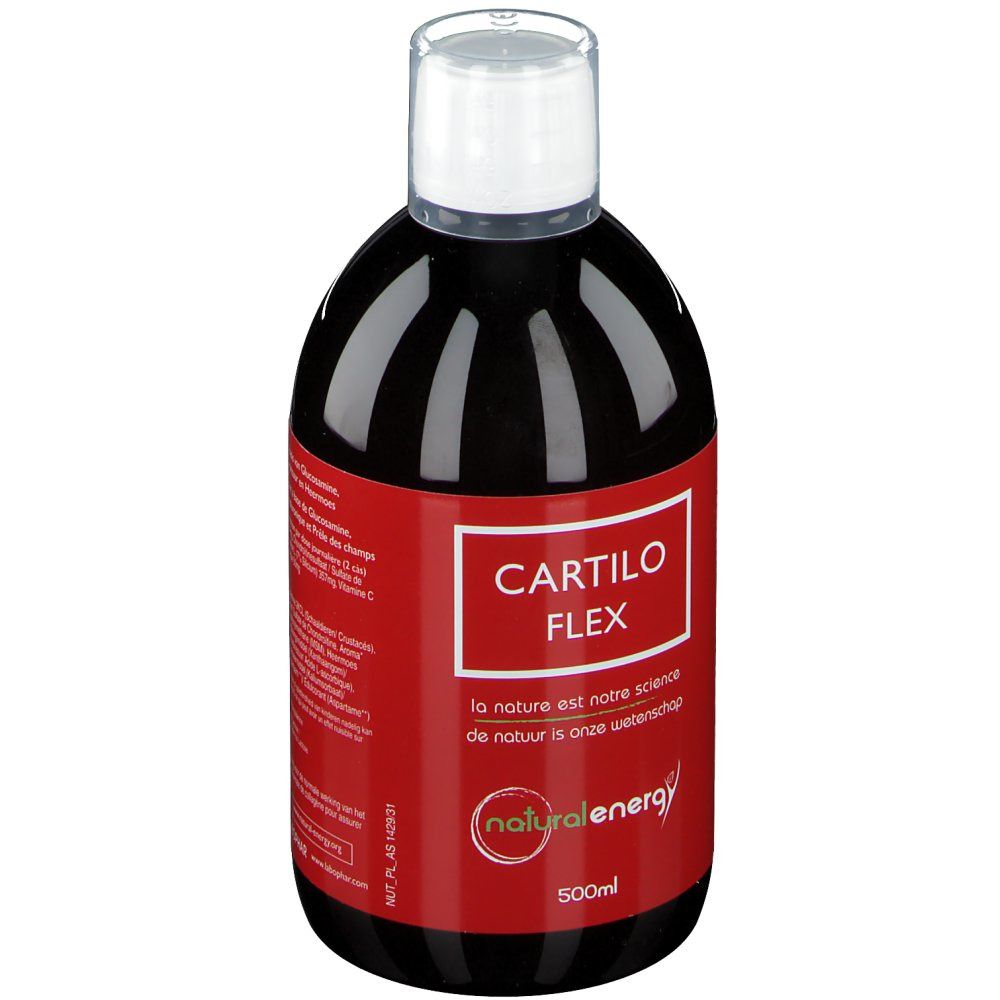 Flacon rond avec étiquette rouge. Inscription CARTILO FLEX et naturalenergy. 500ml. Liquide clair.