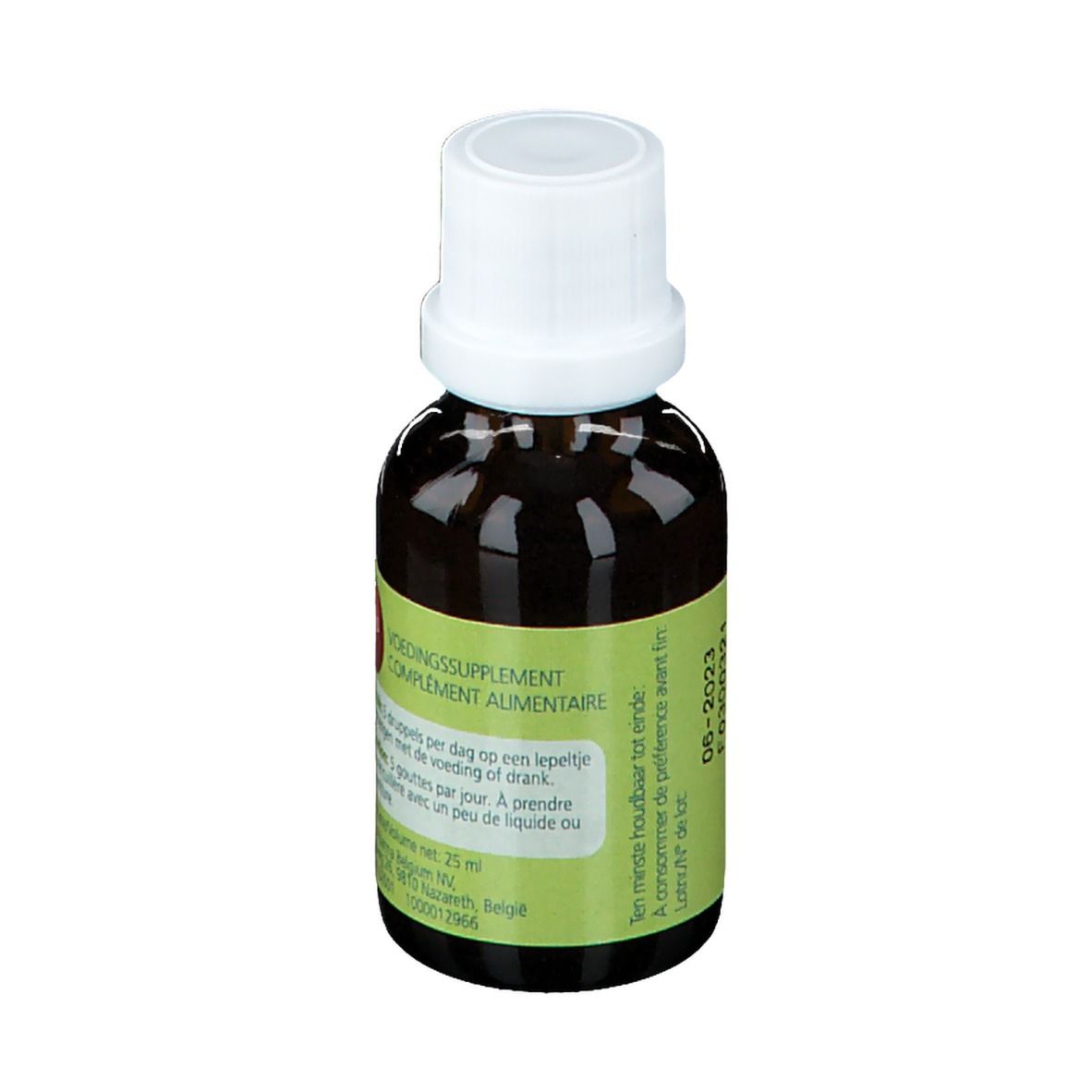 Bruine glazen fles met witte dop. Etiket met Davitamon, first, vitamine D aquosum. Info en houdbaarheidsdatum.