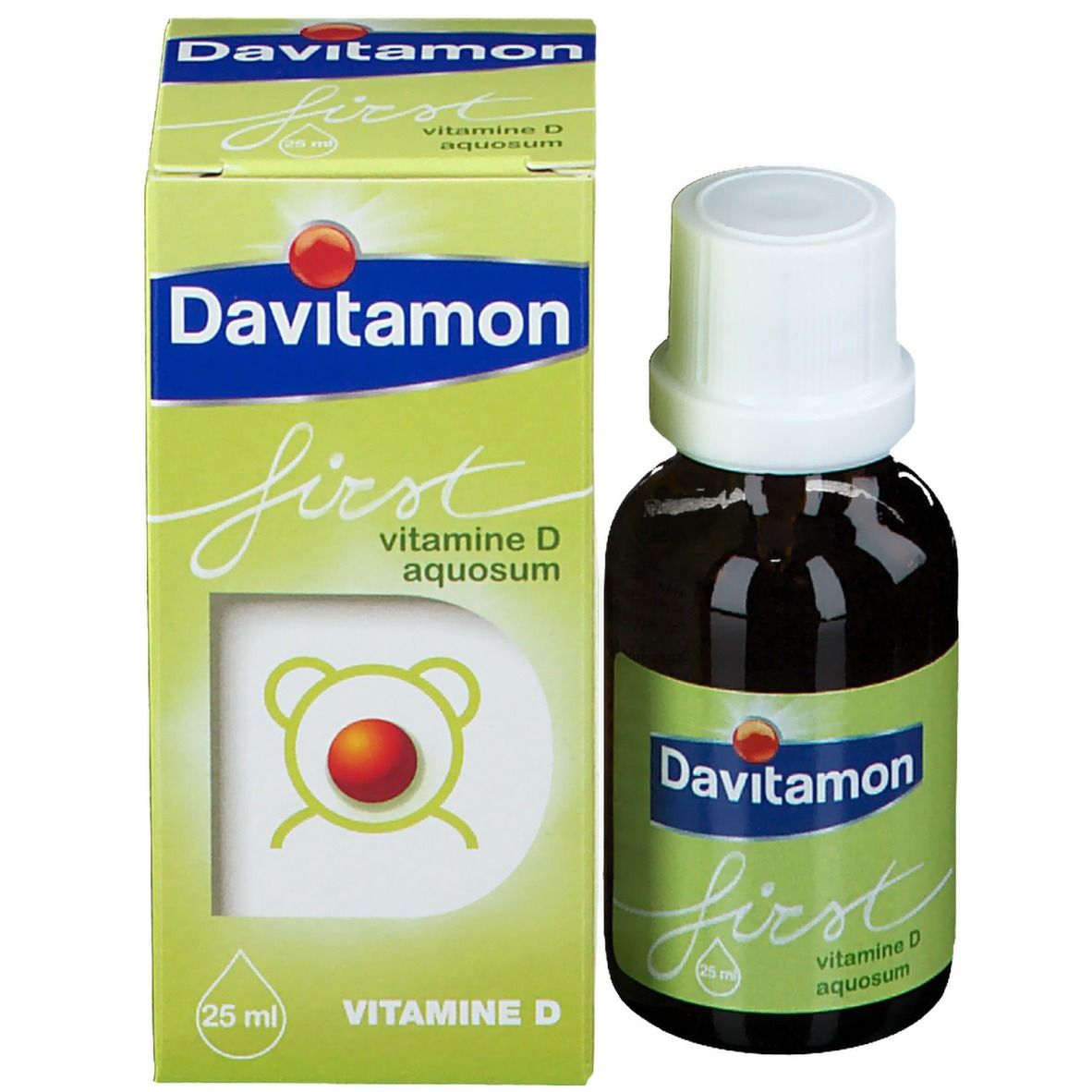 Davitamon first vitamine D aquosum fles en verpakking. 25 ml. Met beren-symbool.
