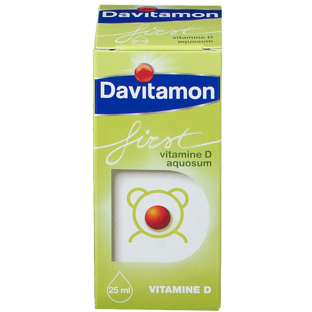 Verpakking van Davitamon first vitamine D aquosum. 25 ml. Met beren-symbool.