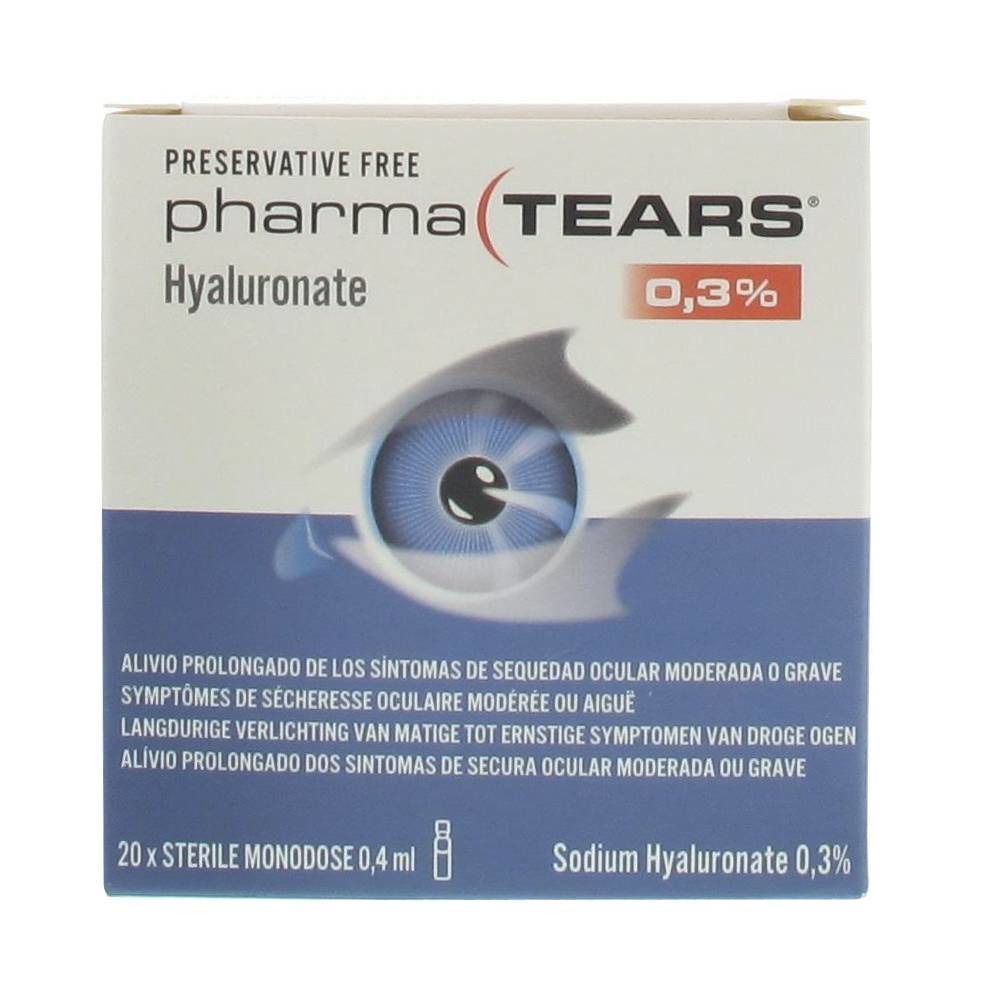 Boîte Pharmatears Monodose 0,3%. Boîte blanche et bleue avec image d'œil. Texte: 0,3%, Hyaluronate.