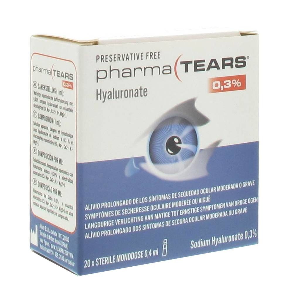 Boîte Pharmatears Monodose 0,3% en perspective. Boîte blanche et bleue avec image d'œil. Texte: 0,3%, Hyaluronate.