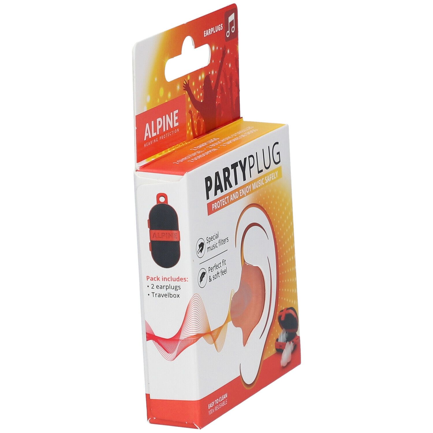 Verpakking ALPINE® PartyPlug™ oordopjes. Bevat oordopjes en reisetui. Tekst: "PARTYPLUG". 