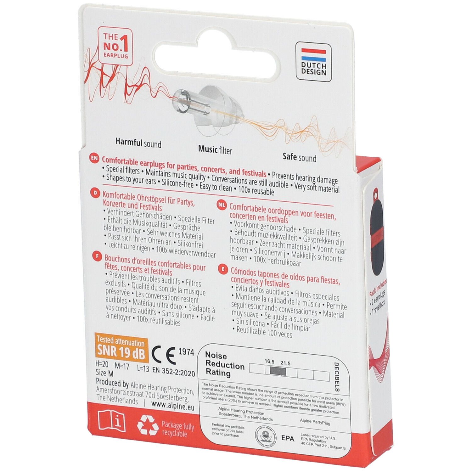 Achterkant van de ALPINE® PartyPlug™ verpakking. Tekst: "Comfortabele oordopjes voor feesten, concerten en festivals". 