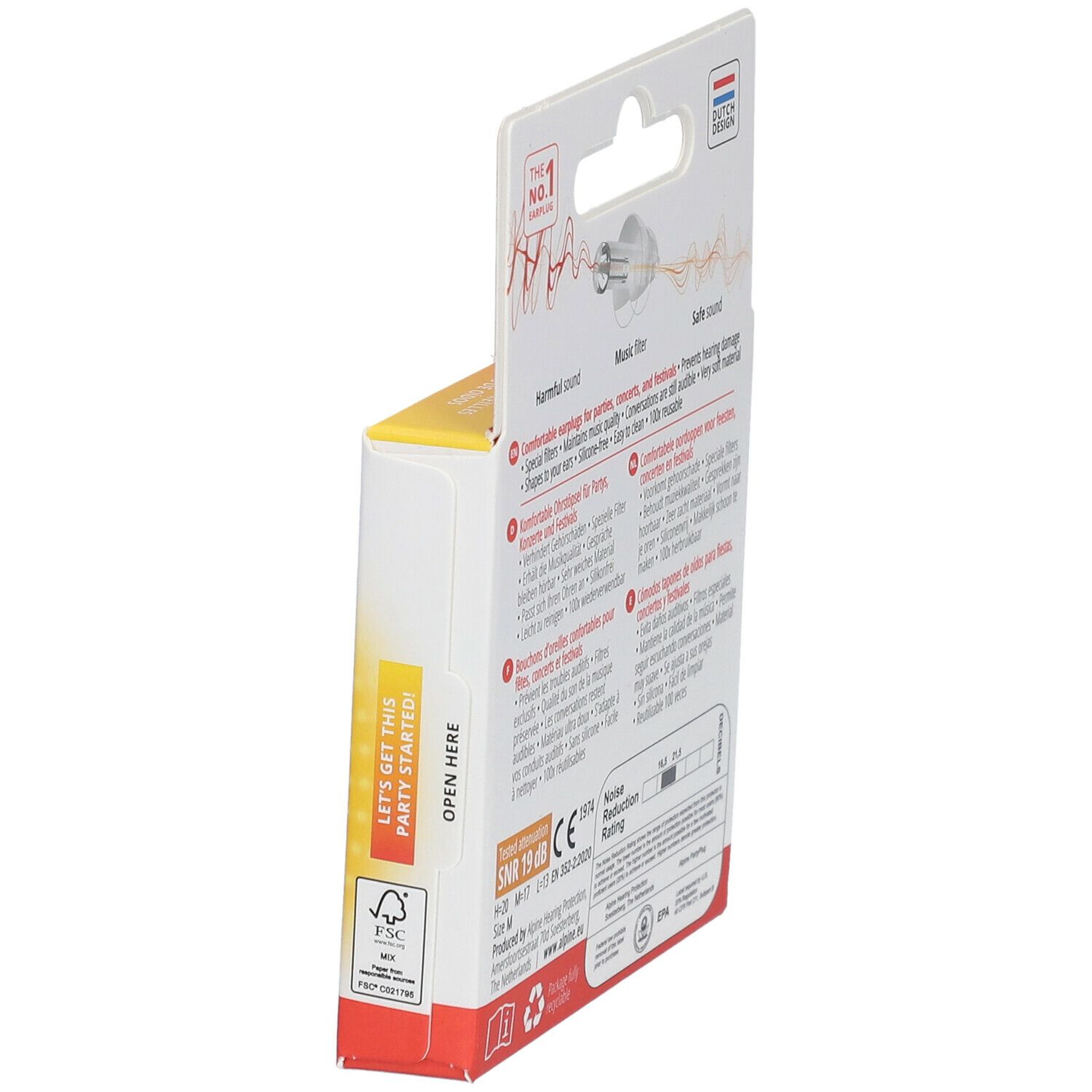 Zijaanzicht van de ALPINE® PartyPlug™ verpakking. Tekst: "Comfortabele oordopjes voor feesten, concerten en festivals". 
