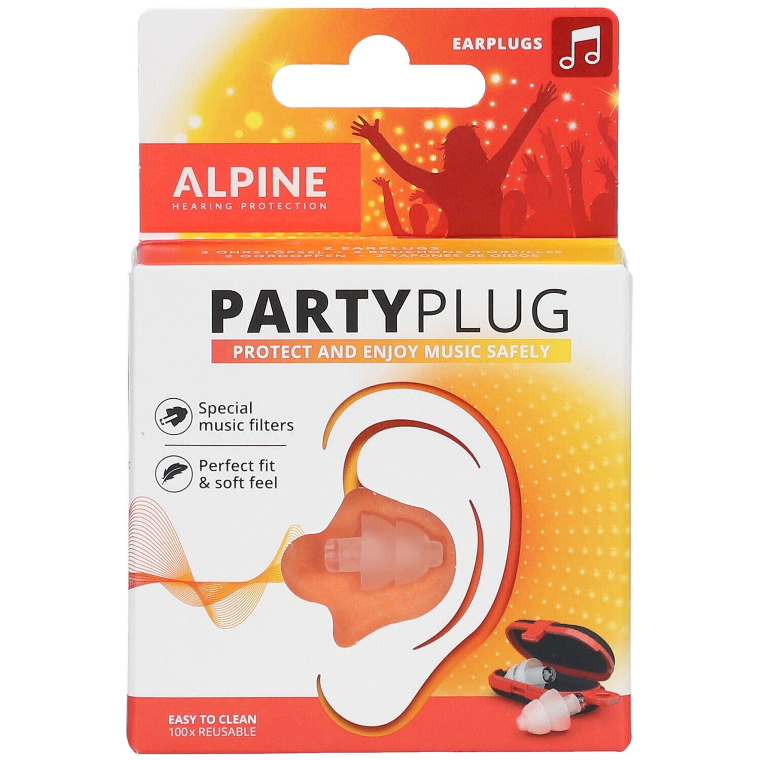Verpakking ALPINE® PartyPlug™ oordopjes. Bevat oordopjes, illustratie oor, tekst "PARTYPLUG". 