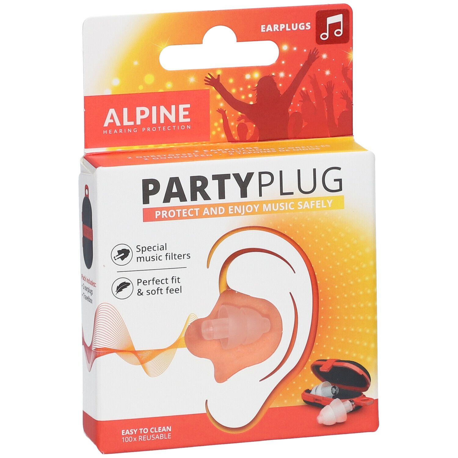 Verpakking ALPINE® PartyPlug™ oordopjes. Bevat oordopjes en reisetui. Tekst: "PARTYPLUG". 