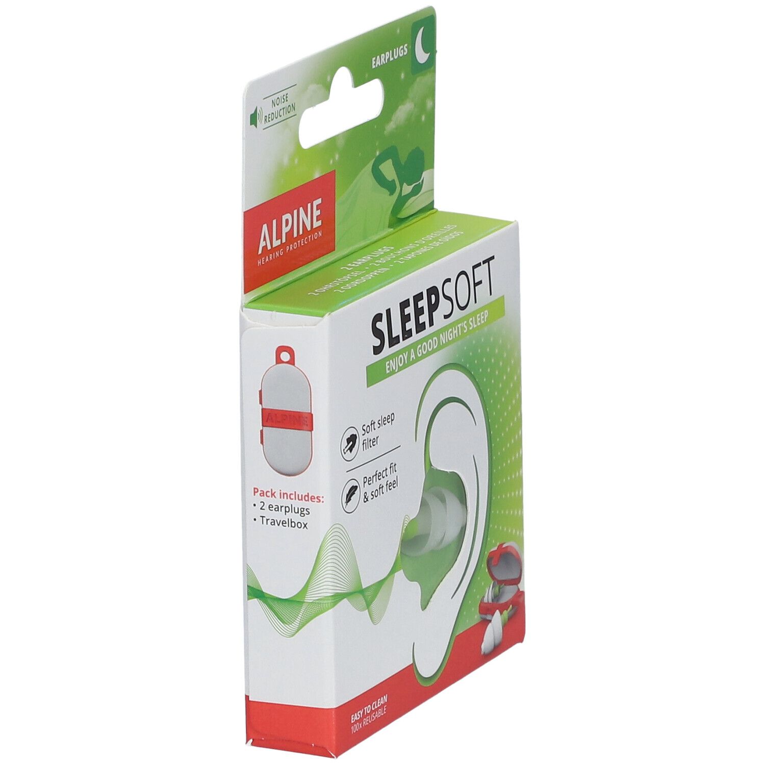 Verpakking met Alpine SleepSoft oordopjes. Bevat 2 oordopjes en een reisetui. Opschrift: SleepSoft, Noise Reduction.