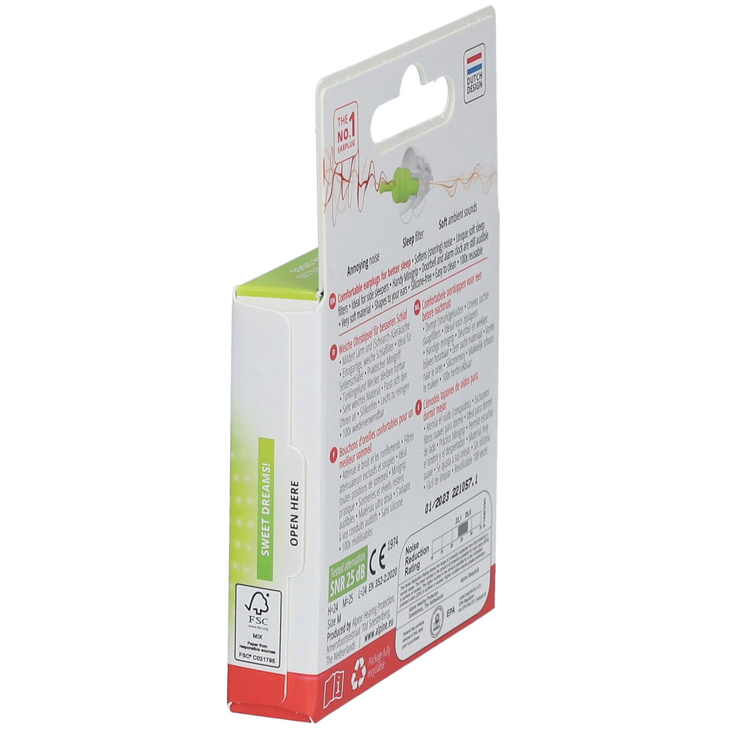 Zijkant van de verpakking met Alpine SleepSoft oordopjes. Tekst in het Duits, Nederlands, Frans en Engels. SNR 25 dB, CE 1974.