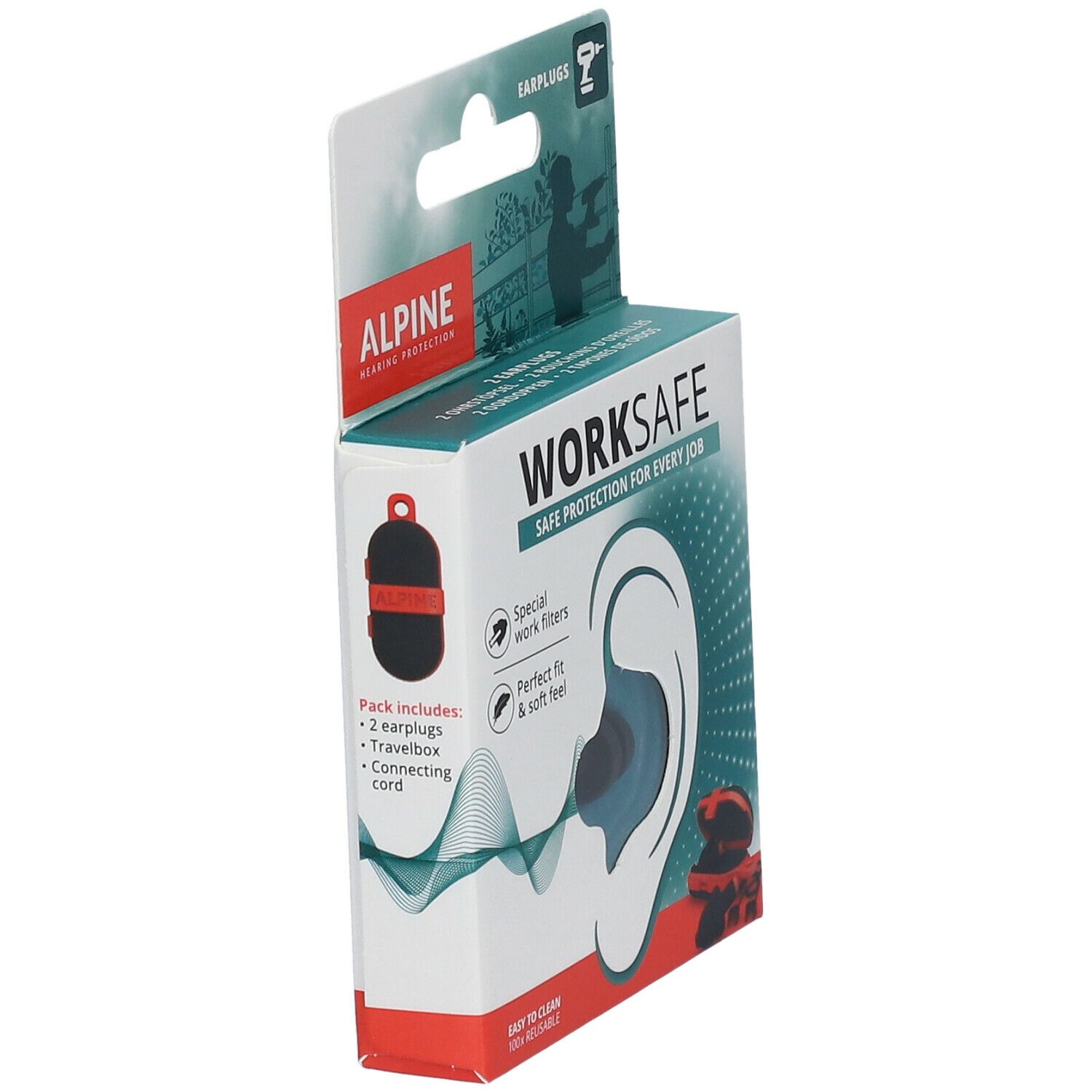 Emballage de protections auditives Alpine Worksafe. Contient 2 bouchons d'oreille, cordon et cordon de connexion. Texte : Worksafe, Alpine.