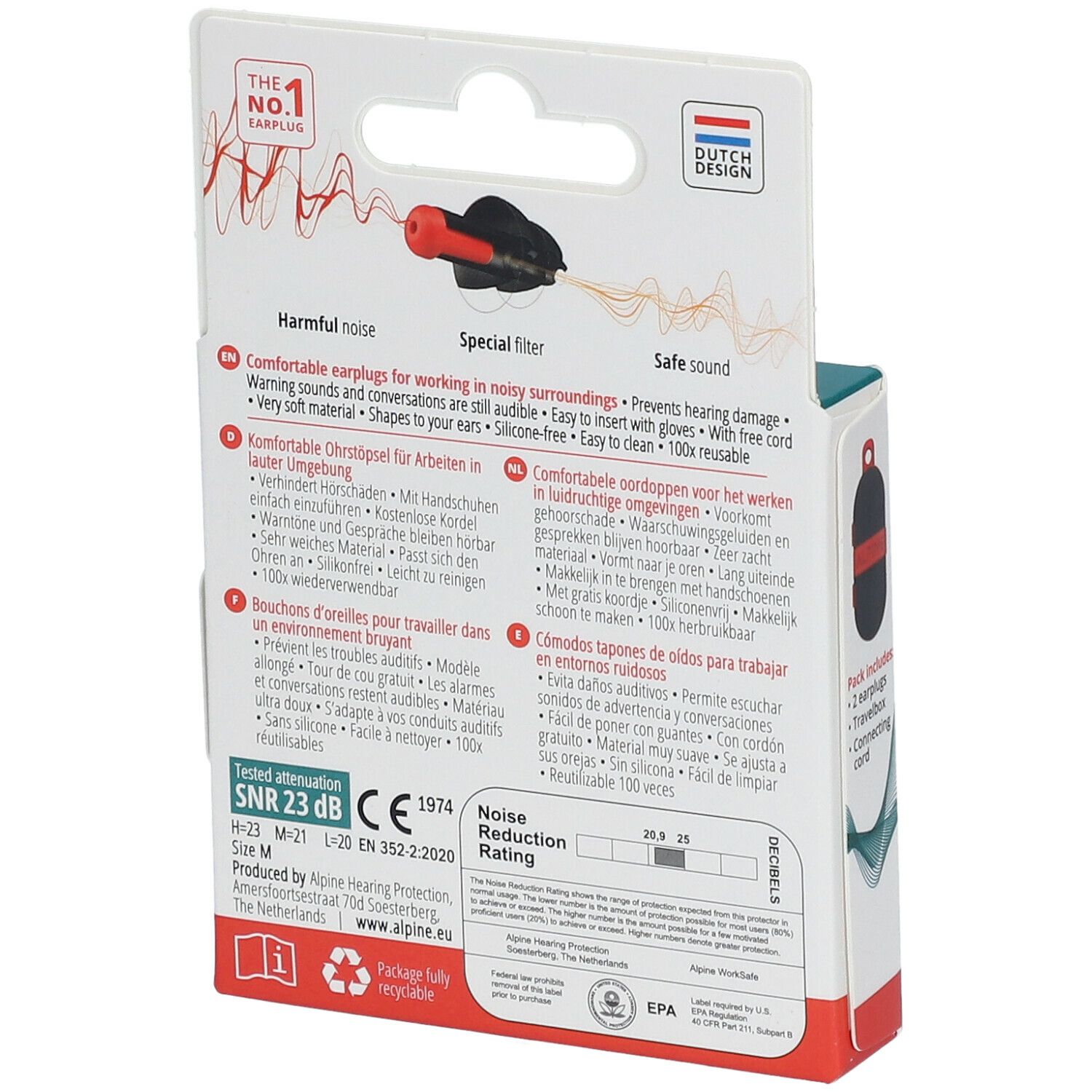 Dos de l'emballage des protections auditives Alpine Worksafe. Texte : Bouchons d'oreille confortables, SNR 23 dB, marquage CE, Dutch Design.